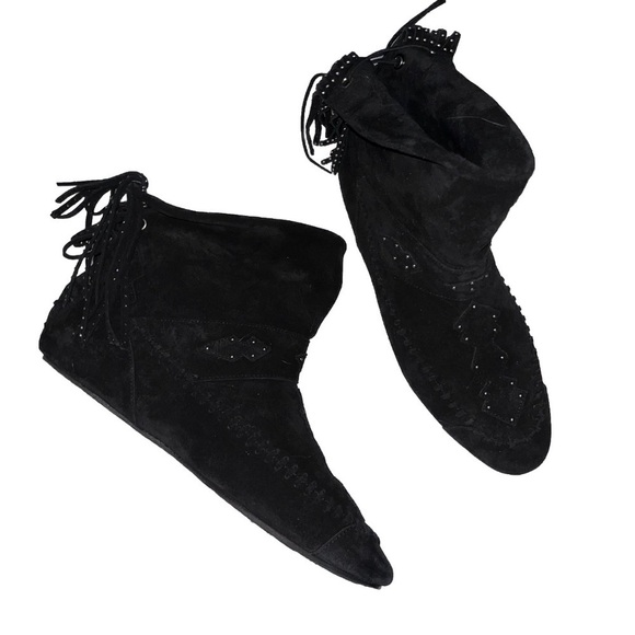 SAINT LAURENT black suede fringe studded moccasin ankle boot EU 39 US 9 boho new - Picture 2 of 10
